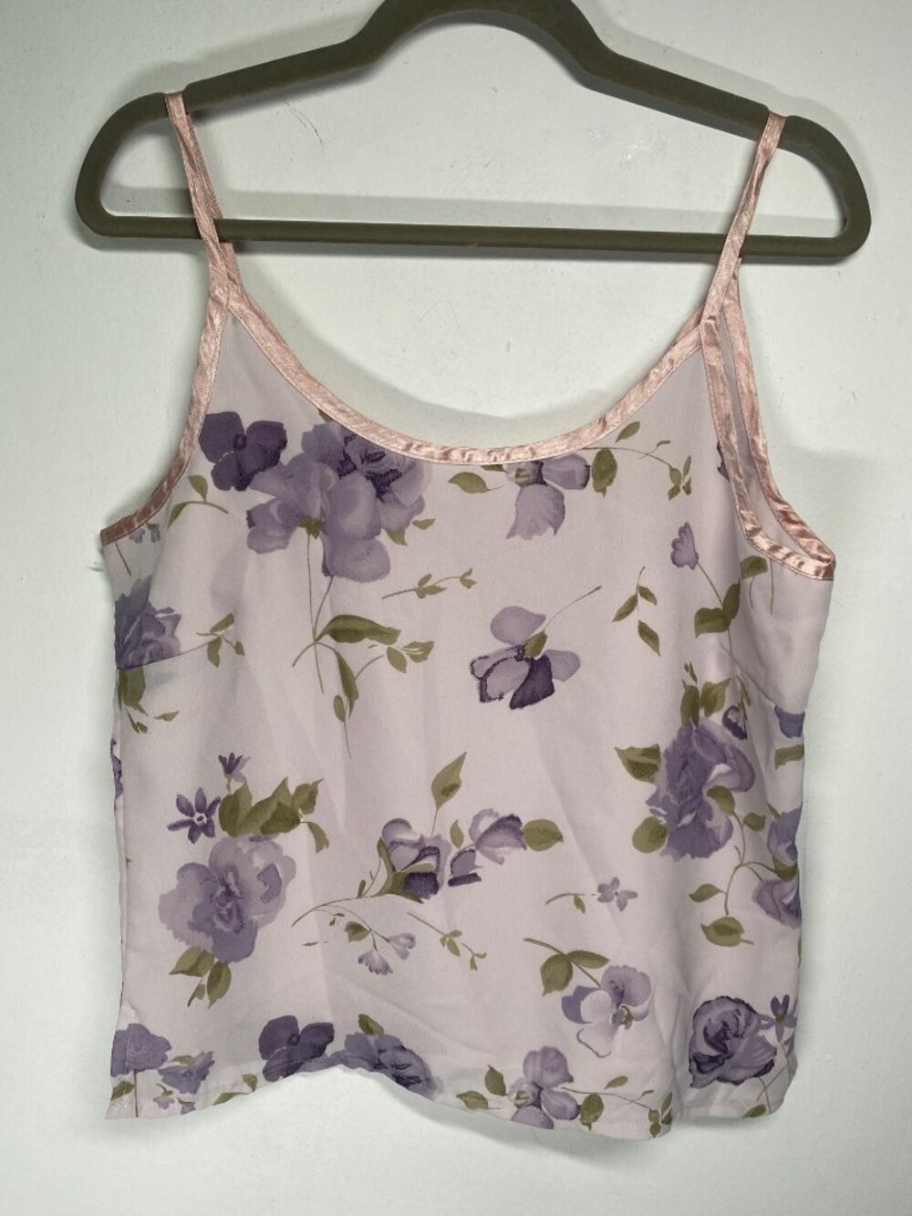Floral Satin-Trimmed Camisole Tank Top In Purple & Green On Light Pink Size XL